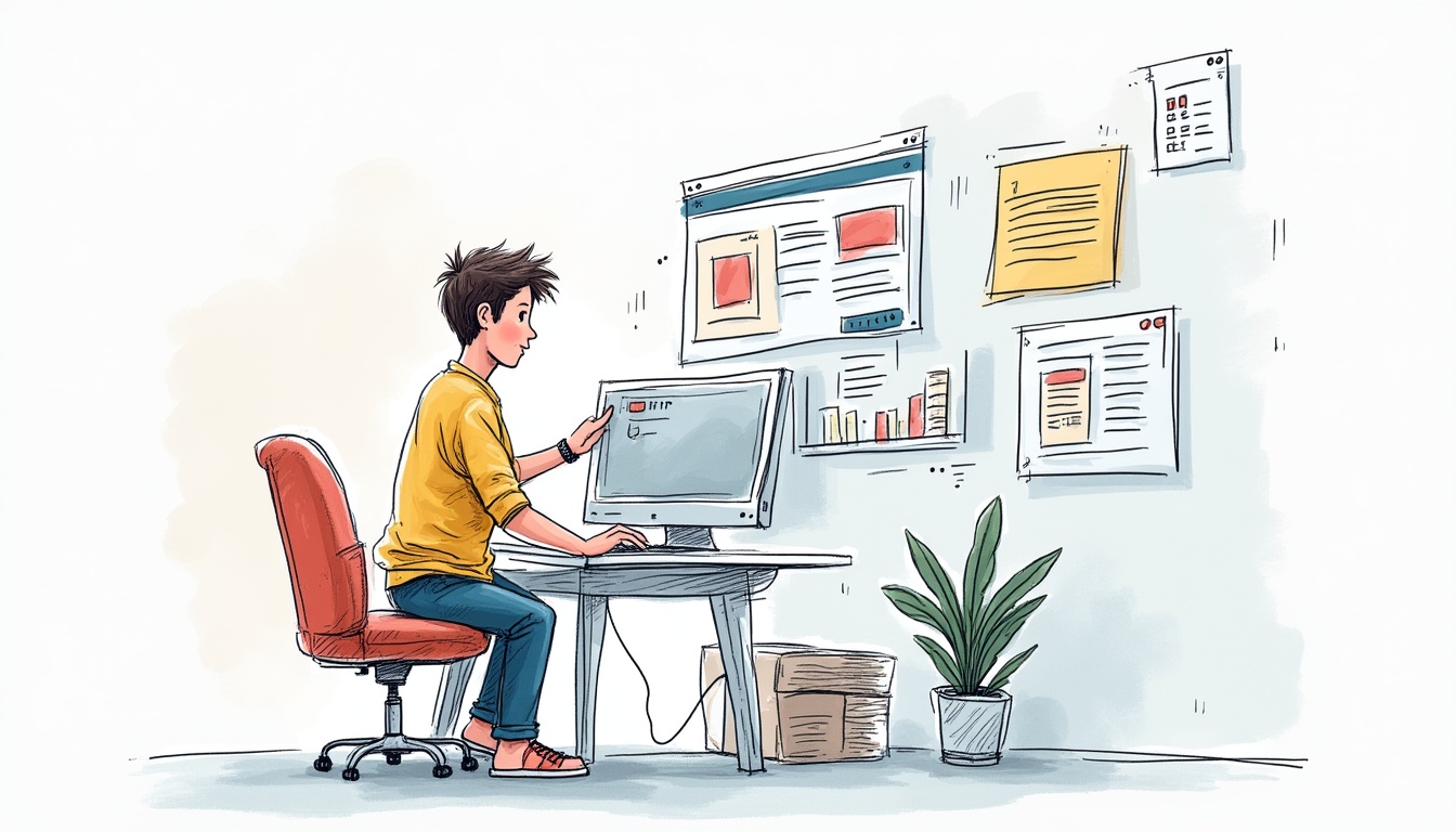 Ghid complet pentru creare site WordPress, cu un laptop, iconițe de web design și o mână care tastează