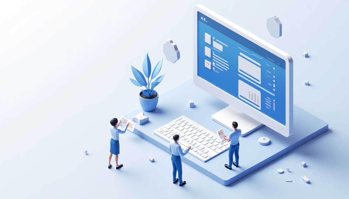 Ilustrație cu elemente de creare website WordPress și succes online, reprezentând un laptop, iconițe de web design