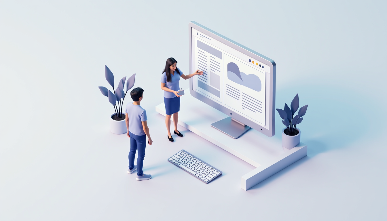 Ilustrație cu un website de prezentare modern și elemente de afaceri, simbolizând succesul online.