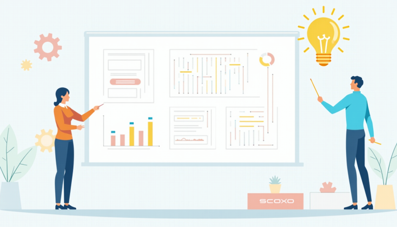 Ilustrație cu elemente de construcție site web: cod, design, analytics și unelte digitale